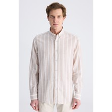 D'S Damat Ds Damat Comfort Bej Çizgi Desenli Keten Karışımlı Gömlek 4HC02KY042652