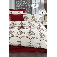 Evien Home Nakışlı %100 Pamuk Nevresim Takımı Çift Kişilik 3 Parça Lüks Kalite Çeyizlik Gül Krem Kırmızı