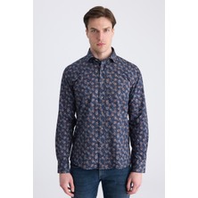 D'S Damat Ds Damat Slim Fit Lacivert Baskılı %100 Pamuklu Gömlek 3HC0221213271