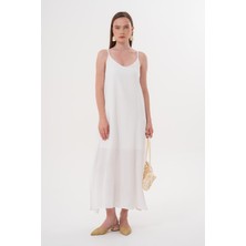 Tena Kadın Ekru Ip Askılı Yanı Yırtmaçlı Müslin Uzun Elbise