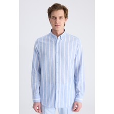 D'S Damat Ds Damat Comfort Mavi Çizgi Desenli Keten Karışımlı Gömlek 4HC02KY042652