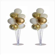 Zenviva 2 Adet Ayaklı Balon Standı 7li, Toplam 14 Adet Gold, Deniz Kumu, Şeffaf Balon Seti