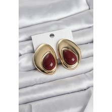 Solenya Pirinç Gold Renk Bordo Taşlı Damla Model Vintage Kadın Küpe