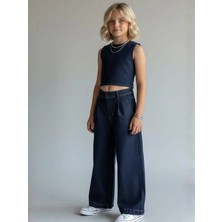 Zekids Kız Çocuk Yüksek Bel Bol Paça Jean Pantolon