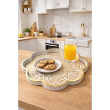 Zucci Home Akdeniz Esintisi Dekoratif Yaldızlı Papatya Sunum Tepsisi | Daisy Mandala  | Premium Servis Tepsisi - 36X36 cm