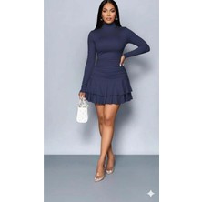 Aymood Kadın Uzun Kollu Balıkçı Yaka Mini Fırfırlı Sandy Elbise