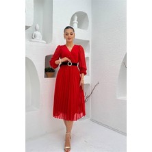 Dip Moda Kadın Kemer Detaylı Kruvaze Yaka Piliseli Kırmızı Midi Elbise