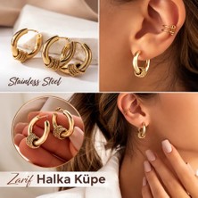 Stainless Steel Gold Renk Paslanmaz Çelik Örgü Detaylı Halka Küpe – Suya Dayanıklı Şık Günlük Kadın Küpe