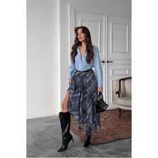 Dip Moda Kadın mavi desenli asimetrik kesim yırtmaçlı şifon tam boy etek DPG124