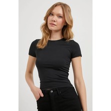 Tena Kadın Siyah Bisiklet Yaka Kısa Kollu Licralı Body