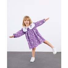 ButumiKids Kız Çocuk Nakış Işlemeli Geniş Yaka Mor Keten Elbise