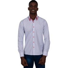 Makrom Çift Yaka Tasarımlı Kırmızı Çiçekli Beyaz Gömlek