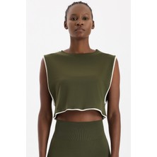 COMEUP Kontrast Biyeli Sıfır Kol Crop Top Koyu Yaprak Yeşili