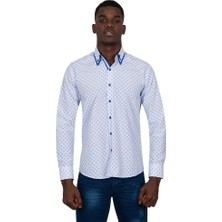 Makrom Çift Yaka Tasarımlı Mavi Çiçekli Beyaz Gömlek