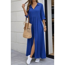 Stelol Kadın Truvakar Kollu V Yakalı Yırtmaçlı Uzun Aerobin Elbise