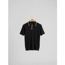 Kastrioti Fitilli Örgü Dokulu Kontrast Yaka/kol Şeritli Old Money Polo Yaka T-Shirt