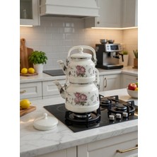 Alev Emaye Vintage Gül Desenli Emaye Çaydanlık - Çift Katmanlı Beyaz Retro Çay Demleme Seti