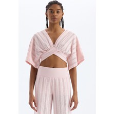 COMEUP Jakarlı Delik Desenli Yarasa Kol Crop Top Soft Pudra