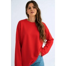 Guaraz Kadın Relax Fit Rahat Kesim %100 Pamuk Uzun Kollu Bisiklet Yaka Basic Tişört