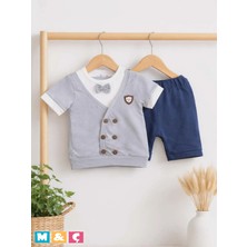M.Ç Family Store Erkek Bebek Düğmeli Pamuklu Waffle Şortlu 2li Takım Alt Üst Papyonlu Takım 3-6-9 Ay