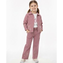 Ege Bebek Kız Çocuk 5-12 Yaş Çiçek Motifli Keten Pantalonlu, Dar Kalıp Ceketli 3'lü Şık Bayramlık Takım