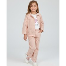 Ege Bebek Kız Çocuk 5-12 Yaş Çiçek Motifli Keten Pantalonlu, Dar Kalıp Ceketli 3'lü Şık Bayramlık Takım
