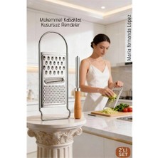 Belle Fusion Mey Ithalat® Paslanmaz Çelik El Rendesi ve Ahşap Saplı Kabak Oyacağı - 2'li Profesyonel Mutfak Hazırlık Seti