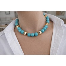 Sinem Şanlı Luna Yaz Koleksiyonu 40 cm 12 mm Doğal Firuze Altın Kaplama Özel Tasarım Choker Kolye