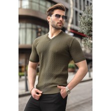 Madmext Haki V Yaka Kısa Kollu Triko Erkek Tişört E7467