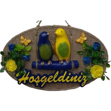 Mixperi Sarı Lacivert Kuş Figürlü "hoşgeldiniz" Kapı Süsü - 16 x 26 cm Kapı Dekoru