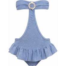 Lovekini Luna Blue Kids Swimsuit With Rose Gold Crystal Pearl Embellished Buckle