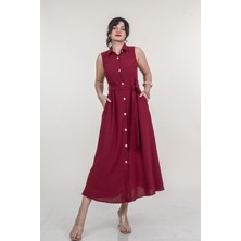 MissVina Önden Düğmeli Kolsuz ve Kuşaklı Uzun Elbise