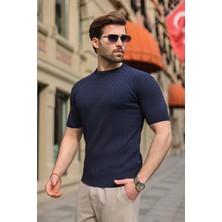 Madmext Lacivert Bisiklet Yaka Triko Erkek Tişört E7468