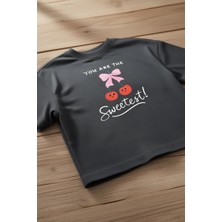 Monila Kız Çocuk Antrasit Renk Kiraz Baskılı Kısa Kol Pamuklu T-Shirt Günlük Stil Pamuk