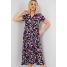 Queene Dreams Boydan Düğmeli Kısa Kol Çiçekli Elbise 2561 - Siyah