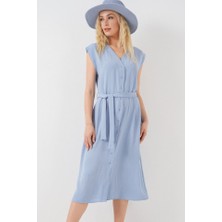 Queene Dreams Sıfır Kol Kuşaklı Ayrobin Elbise 2568 - Mavi