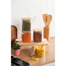 Porsima 407 4lü Kare 900 ml Bambu Vakumlu Kapaklı Cam Kavanoz Seti Saklama Kabı 10X12CM