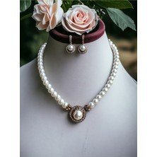 Fayra Accessories Kristal Taşlı Yuvarlak Inci Kolye ve Yuvarlak Inci Küpe Seti