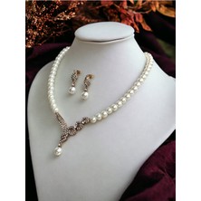 Fayra Accessories Zirkon Taşlı Tek Sıra Inci Kolye ve Inci Küpe Seti