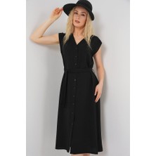 Queene Dreams Sıfır Kol Kuşaklı Ayrobin Elbise 2568 - Siyah