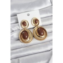 Solenya Kahverengi Sallantılı Damla Model Gold Renk Vintage Kadın Küpe