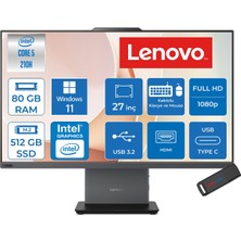 Lenovo Thinkcentre Neo 50A 27 Gen 5 Intel® Core™ 5 210H 4.8ghz 80GB Ddr5 512GB SSD 27" Fhd (1920X1080) IPS 300NITS, 99% Srgb WIN11PRO Siyah Allınone Bilgisayar 12SA0026TRP27+ZETTAUSBBELLEK