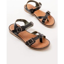 Aymood 205-091 Siyah Ortopedik Hakiki Deri Kadın Sandalet