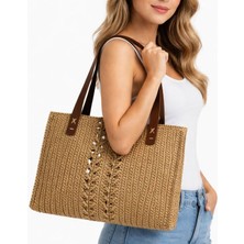 Uretti - Fethiye 9927 0705 El Örgüsü Hasır Kadın Omuz Çantası - Kağıt Ip Yazlık Günlük Çanta 34 x 28 cm