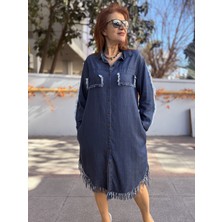 Liyosel Püsküllü Denim Elbise Koyu Mavi