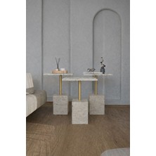 Estoria Home Gold Altın  Ayak Traverten Desen Terra 3'lü Zigon Sehpa Yan Sehpa Servis Sehpası Ahşap Bej Gövde Orta Sehpa