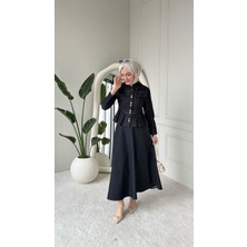 Moda Kadın Lacivert Mor Etekli Kot Tesettür Takım Düğme Detaylı Denim Kombin