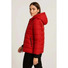 Aymood Şişme Kapüşonlu Fermuarlı Mont Su Itici Kapitone Astarlı Kumaş Cepli Kışlık Rahat Kalıp - Kırmızı