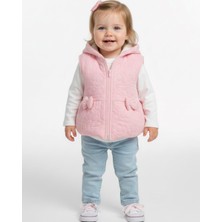 Ege Bebek Kız Çocuk 1-2-3 Yaş Pembe Şişme Yelekli Kot Pantalonlu Bayramlık Şık 3'lü Alt Üst Takım