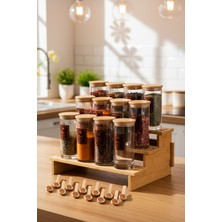 Snippy Nare - Bambu Standlı 12'li Vakumlu Kapaklı Ahşap Kaşıklı Etiketli Cam Baharatlık Cam Saklama Kabı